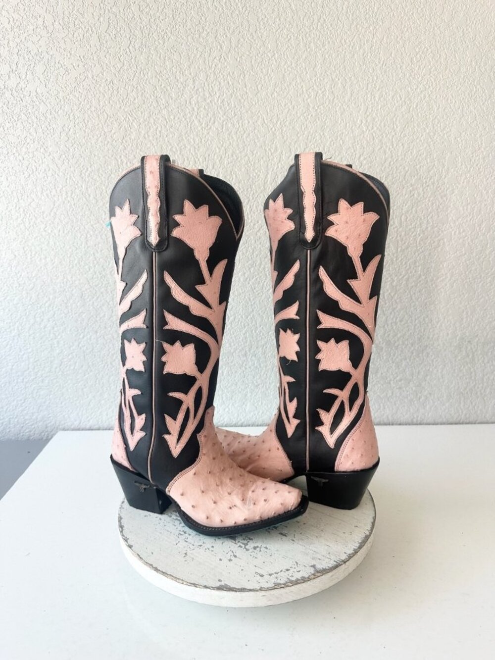 Lane Jolene Pink Ostrich Black Womens Cowboy Boots Western Cowgirl Mid Calf 6.5
